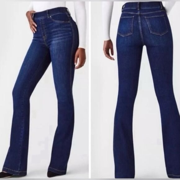 Spanx Womens Flare Jeans size medium Dark Indigo Mid-Rise Stretch Denim $128 - Picture 1 of 7